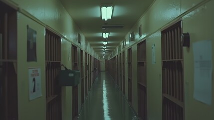 Obraz premium Prison Building Corridor: A long, sterile hallway within the prison facility. Fluorescent lights cast a harsh glow on the concrete walls. Copy space along the corridor. 