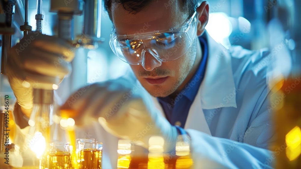Poster laboratory technician analyzing samples in dynamic environment