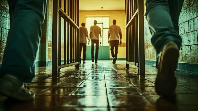 Prison Entrance: The main entrance of a jail, people walking away. The heavy doors symbolize both entry and exit from confinement. Space around the entrance. 