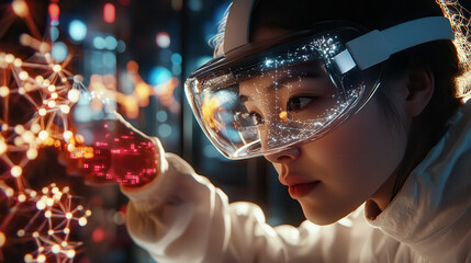 pharmaceutical researcher is using augmented reality technology to explore complex data visualizations. scene captures moment of focus and innovation in high tech environment