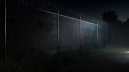 Prison Fence with Razor Wire: A high fence topped with razor wire against a dark sky. The boundary between freedom and captivity. Dark background for explanatory text. 