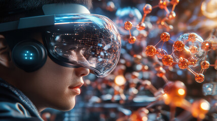 pharmaceutical researcher is immersed in augmented reality, exploring molecular structures with advanced technology. scene captures fusion of science and innovation, showcasing future of research
