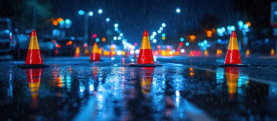 Traffic cones on a wet road at night with blurred city lights in the background.