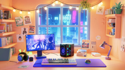 cozy gaming room with vibrant city view and colorful decor