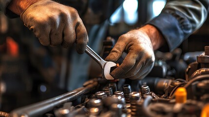 Maintenance Worker Using Wrench on Engine Components