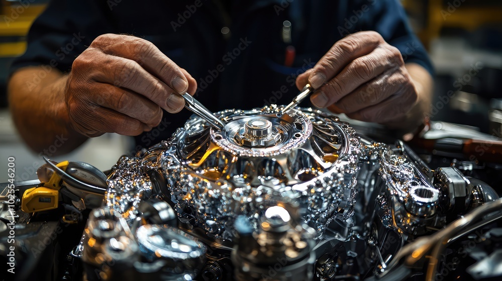 Poster mechanic inspecting engine with tools in workshop