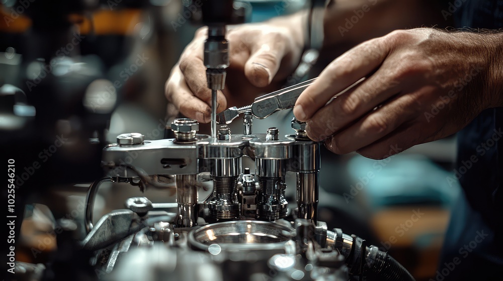 Poster mechanic inspecting engine with tools in workshop