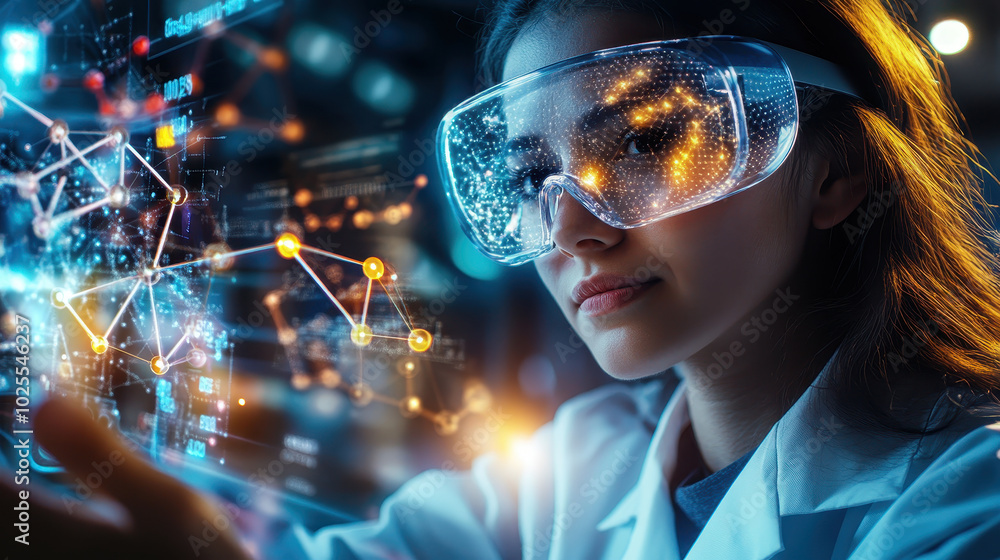 Poster pharmaceutical researcher using augmented reality glasses to analyze data and visualize complex info