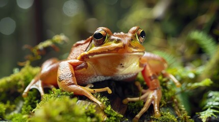 Close-up of a Vibrant Orange and Green Frog Resting on Moss