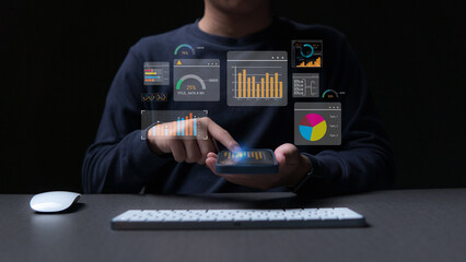 Businessman using and phone  trend arrow and a rising chart from plan to goal. And searching of the idea of corporate investment development.