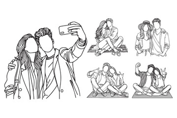 A hand-drawn line art illustration of a cheerful couple on holiday