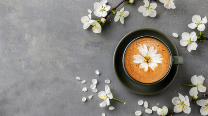 stunning flower shaped latte art served in green cup, surrounded by delicate white blossoms on textured gray surface, creating serene and inviting atmosphere