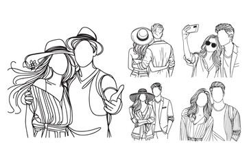 Black and white clipart depicting a joyful couple enjoying their vacation