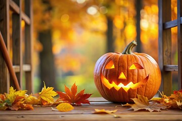 Depth of field image of jack-o-lantern on porch surrounded by autumn leaves