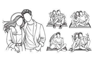 Line Art Cheerful Couple Holiday Photo Art couple enjoying their holiday Illustration Hand Drawn Clipart
