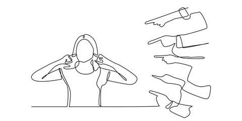 one continuous line drawing of several hands pointing at a woman.one line drawing of a woman being bullied,slandered, accused.single line vector illustration.isolated on white background