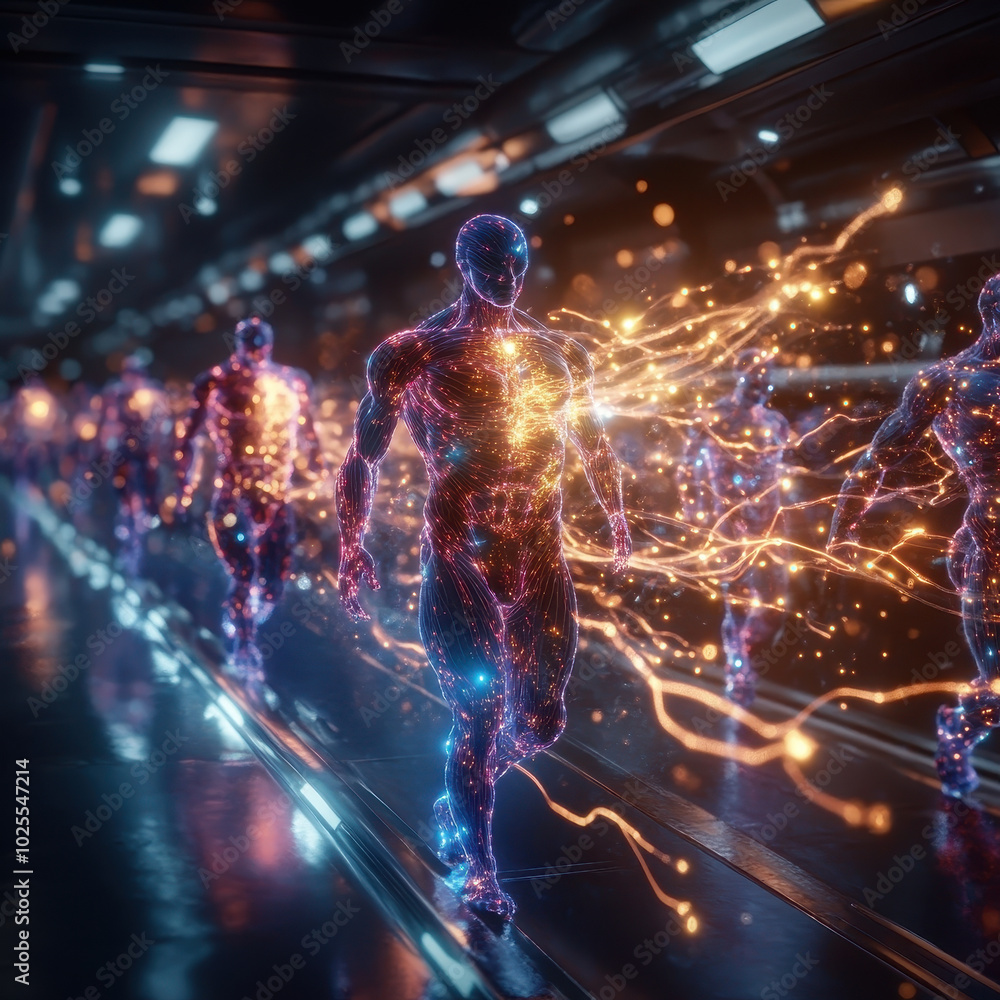 Poster futuristic scene depicting glowing humanoid figures running in high tech environment, showcasing vib