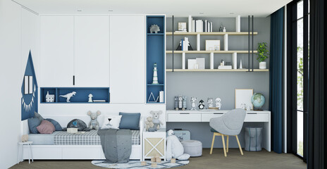 Children's bedroom with a study desk and toys used as decoration