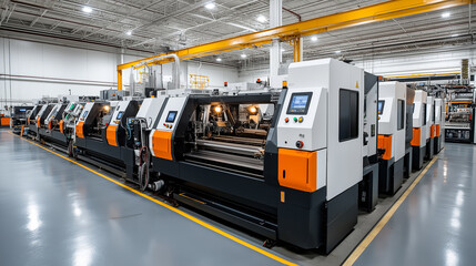 Obraz premium A row of machine tools inside the production industry, Generative AI image. 