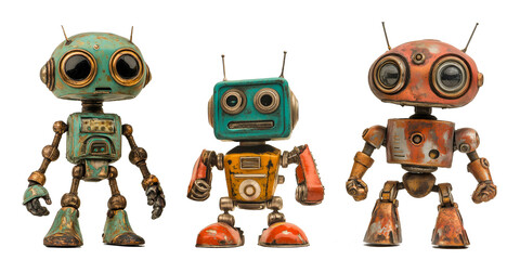 Three cute vintage robots isolated on transparent background, Generative AI image 