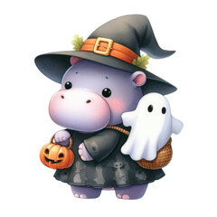 Cute pygmy hippo Halloween Day  clipart watercolor
