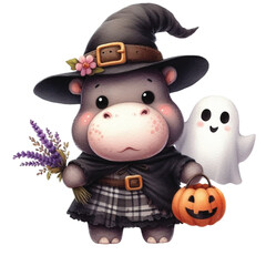Cute pygmy hippo Halloween Day  clipart watercolor
