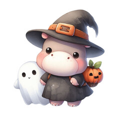 Fototapeta premium Cute pygmy hippo Halloween Day clipart watercolor 