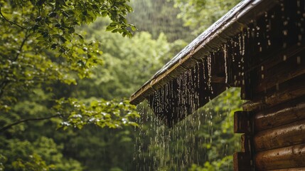 Fototapeta premium Rainwater Cascading from a Serene Roof in Nature
