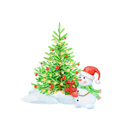 Cute smiling snowman under a decorated Christmas tree with a gift box. Vintage style painted illustration. Winter season decoration with a fir tree and snowman isolated on white background