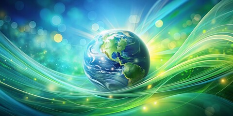 Fototapeta premium A Vibrant Abstract Representation of Our Planet, Enveloped in Lush Green Hues, Glowing with Radiant Light and Soft Bokeh Effects