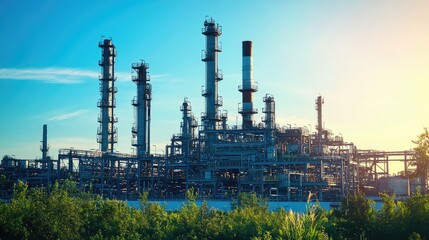 Obraz premium Serene Refinery Against a Clear Blue Sky
