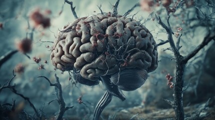 Alzheimer disease as a neuropathology memory loss due to brain degeneration and decline as a surreal medical neurology illness concept.