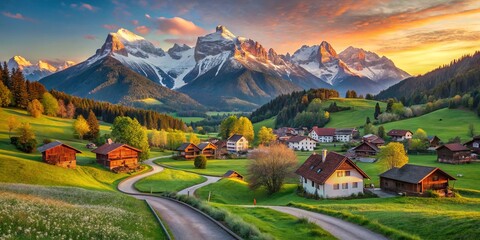 Fototapeta premium A winding road leads through a quaint village nestled amidst rolling green hills, with majestic snow-capped mountains rising in the distance, bathed in the golden glow of a vibrant sunrise.