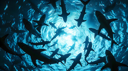 sharks in the sea, Swirling Silhouettes of Sharks Illuminated by Deep Ocean