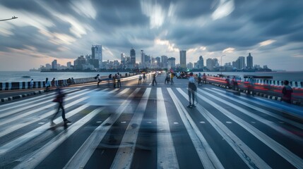 Obraz premium Cityscape with Blurred Pedestrians Crossing a Crosswalk