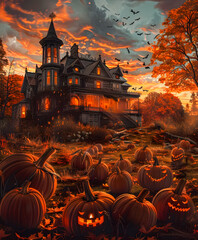 Spooky haunted house with pumpkins, autumn leaves, and eerie bats in the sky. Perfect for Halloween themes, dark tales, and seasonal designs with a creepy, vintage gothic vibe