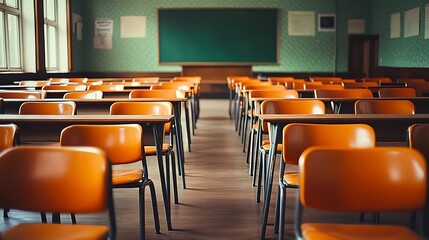 Empty Classroom Desks and Chairs in Rows