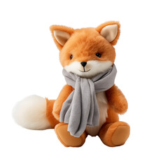 Cute plush fox toy wearing a cozy grey scarf sitting against a transparent background