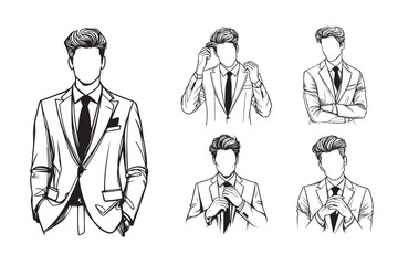 A hand-drawn line art illustration of an elegant man in a suit