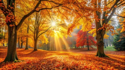 Fototapeta premium Sunlight Filtering Through Golden Autumn Leaves, Illuminating a Carpet of Fallen Foliage in a Tranquil Woodland Setting