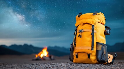 A well-worn hiking backpack resting beside a glowing campfire at night