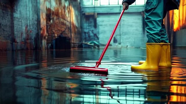 A person in colorful rubber boots diligently mopping up a flooded floor in a large, dimly lit room.