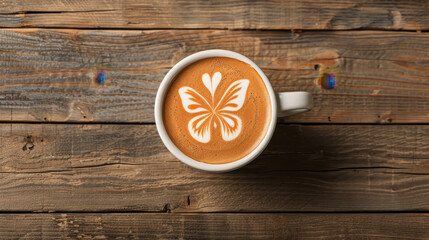 top down view of latte featuring beautiful butterfly shaped foam design, resting on rustic wooden table. warm tones of coffee create cozy atmosphere