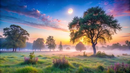 Enchanted Morning Mist, Where Sunlight Bathes The Meadow In Golden Hues And Stars Twinkle As The Moon Shines Brightly