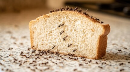 A close-up of ants crawling on a piece of bread left on a kitchen counter, emphasizing food safety and hygiene concerns in a household setting.