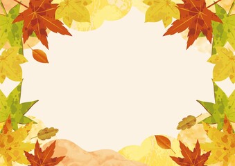 秋　フレーム　もみじ　紅葉　水彩　風景　背景　コピースペース　イラスト素材　横