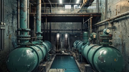 Industrial pipes and machinery in a concrete basement with water