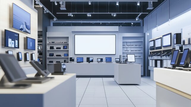 Electronic store display in 3D, blank, with areas for new product promotions.