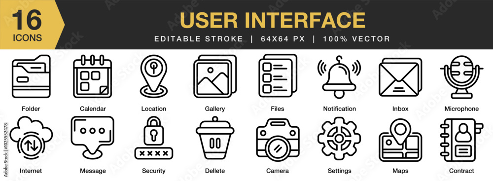 Wall mural user interface icon set. editable stroke icon collection. includes calendar, camera, contract, delet