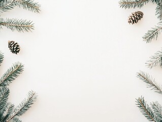 Minimalist Christmas Flat Lay with Pine Branches and Pinecones